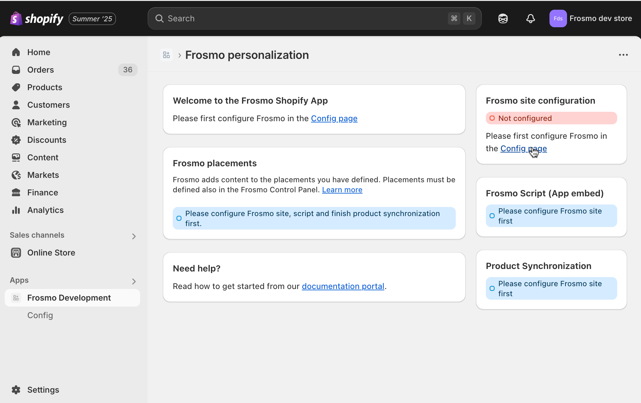Initial Frosmo application screen before configuring